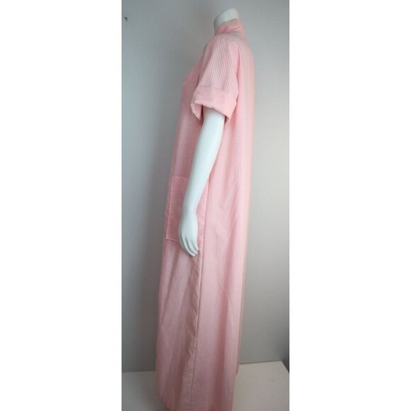 VINTAGE WOMEN'S PINK & WHITE STRIPED SHORT SLEEVE LONG NIGHTGOWN HOUSE DRESS 14 - Picture 4 of 10